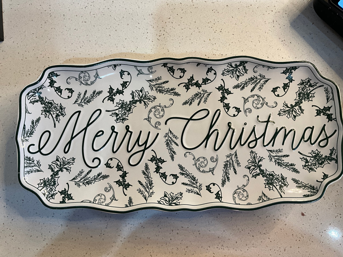 Merry Christmas Green & White Platter