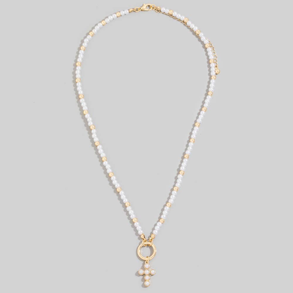 Cross Pendant Pearl And Metallic Beaded Necklace