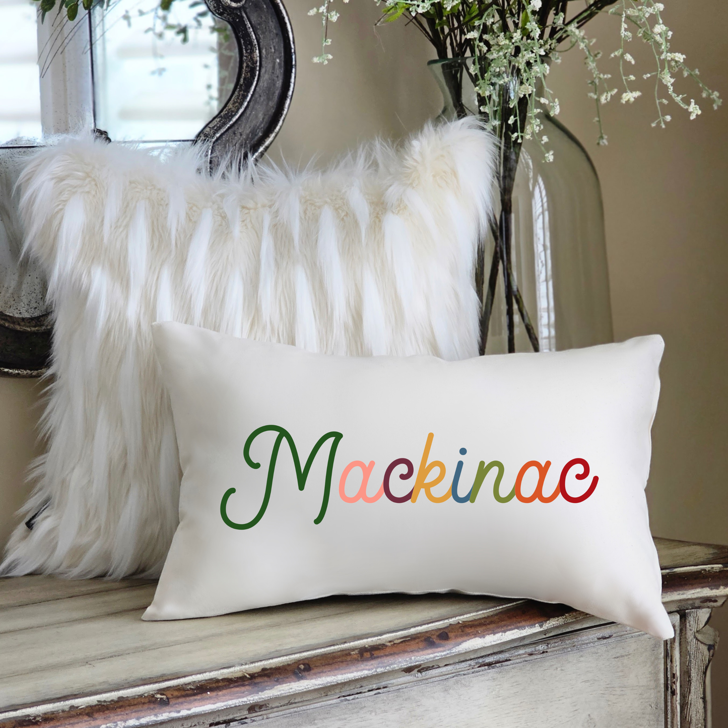 Bold Colorful Playful Script Town Name Lumbar Pillow