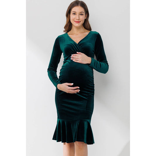 Velvet Surplice Mermaid Hem Maternity Dress