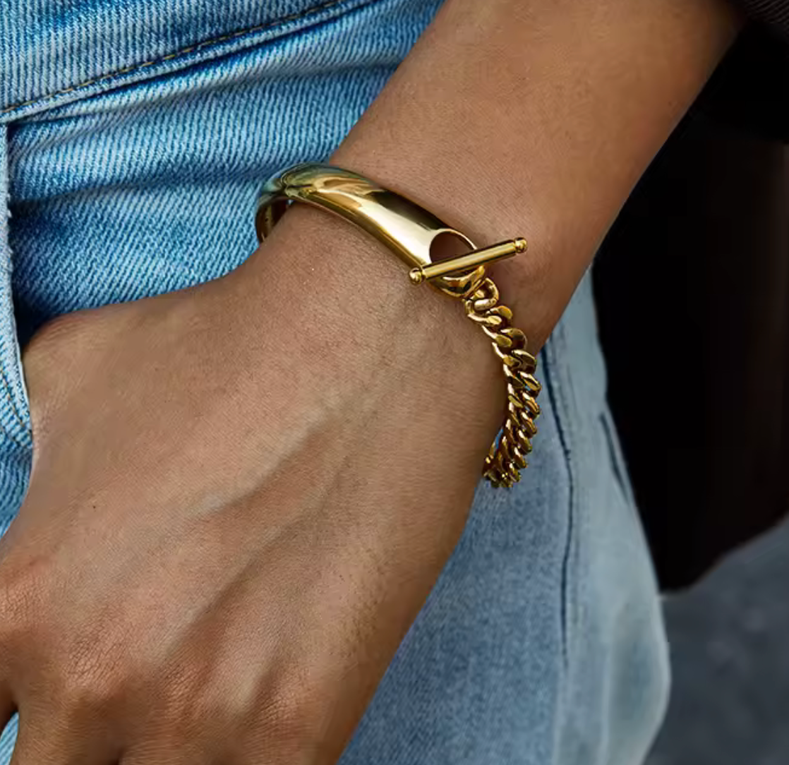 Double Cuff & Cuban Toggle Bracelet 14K Gold PVD Waterproof