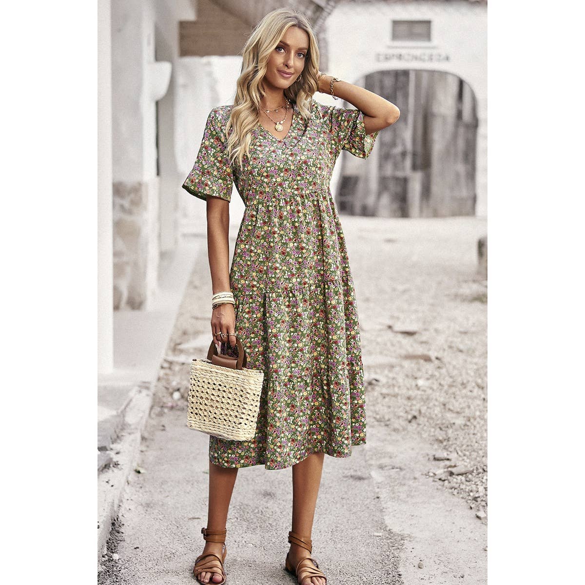 Floral Print Fit Ruffle Sleeve Midi Dress