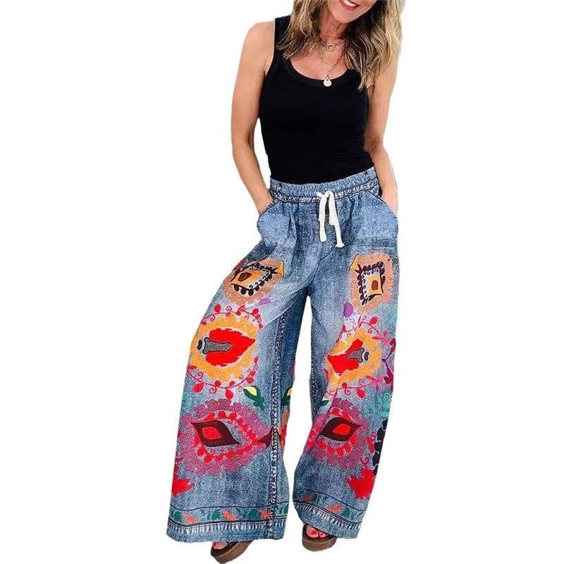 Loose Fit Leisure Pants With Denim Print Design
