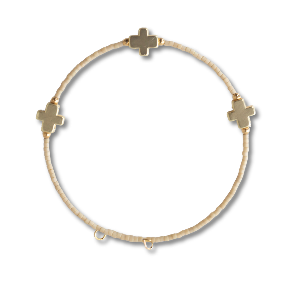 Faithful Beaded Cross Bangle w/ Matte Gold Crosses-Latte