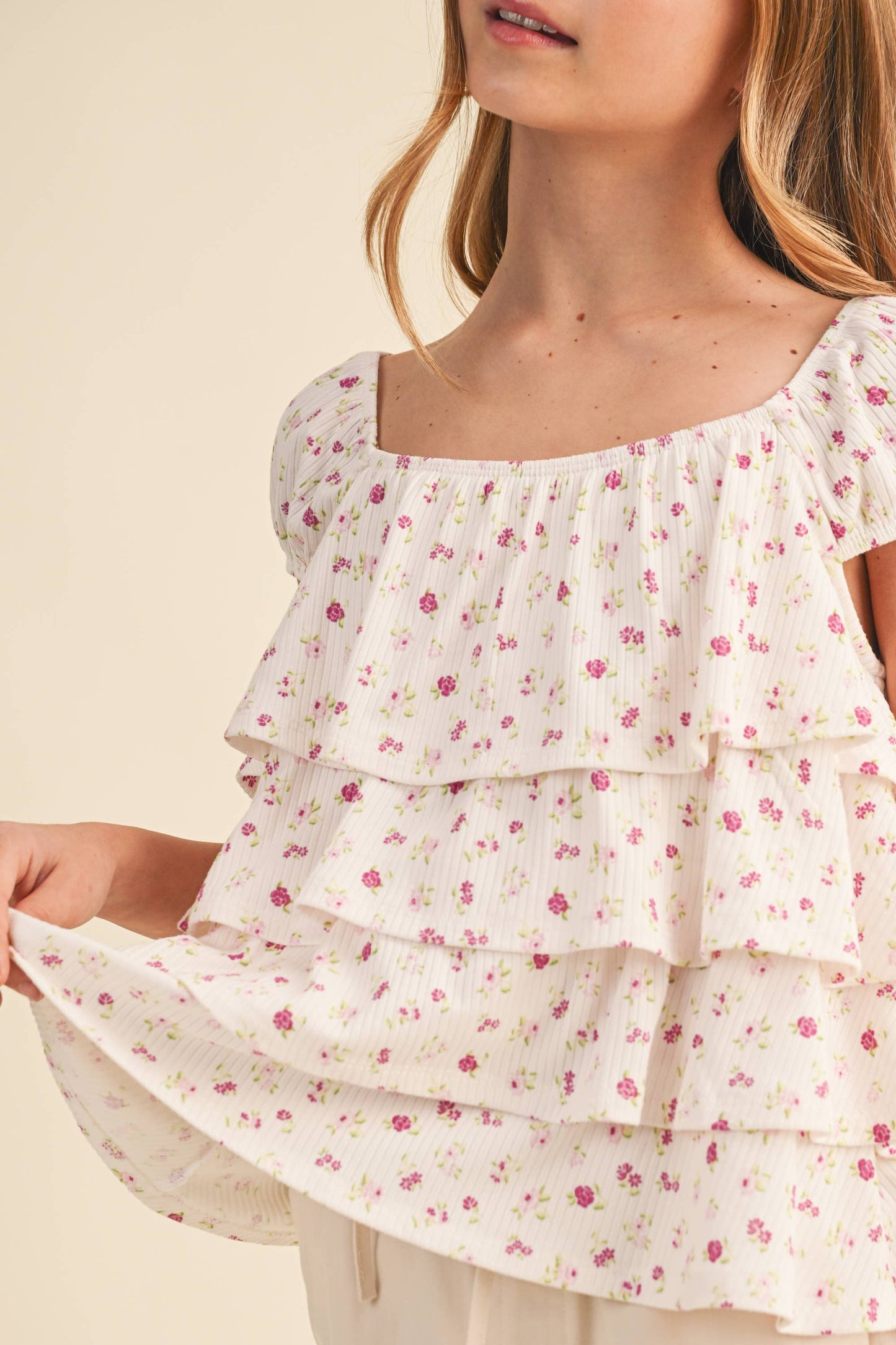 TWEEN KIDS GIRLS RUCHED SHOULDER RUFFLE CROPPED TOP (7-14)