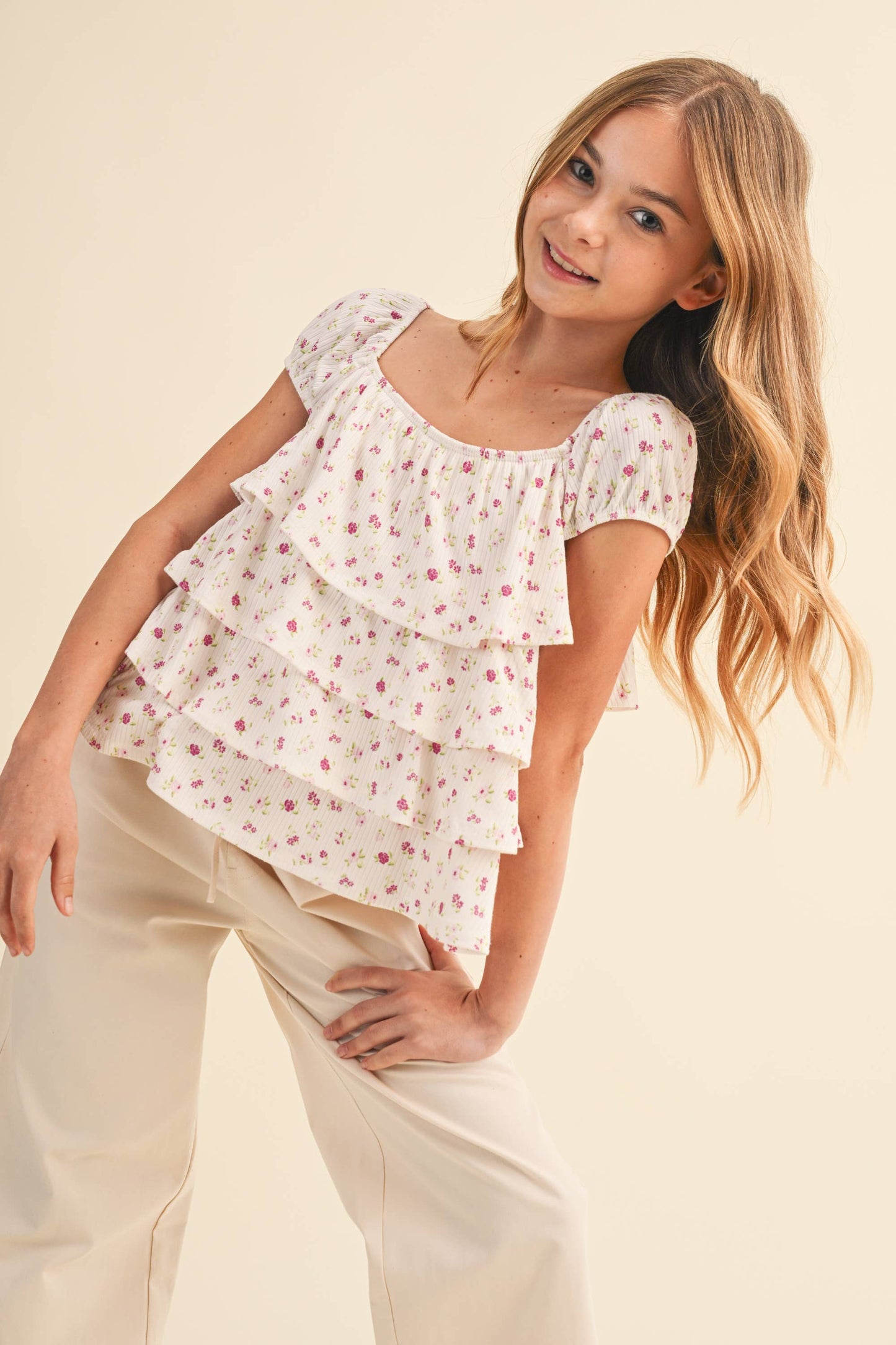 TWEEN KIDS GIRLS RUCHED SHOULDER RUFFLE CROPPED TOP (7-14)