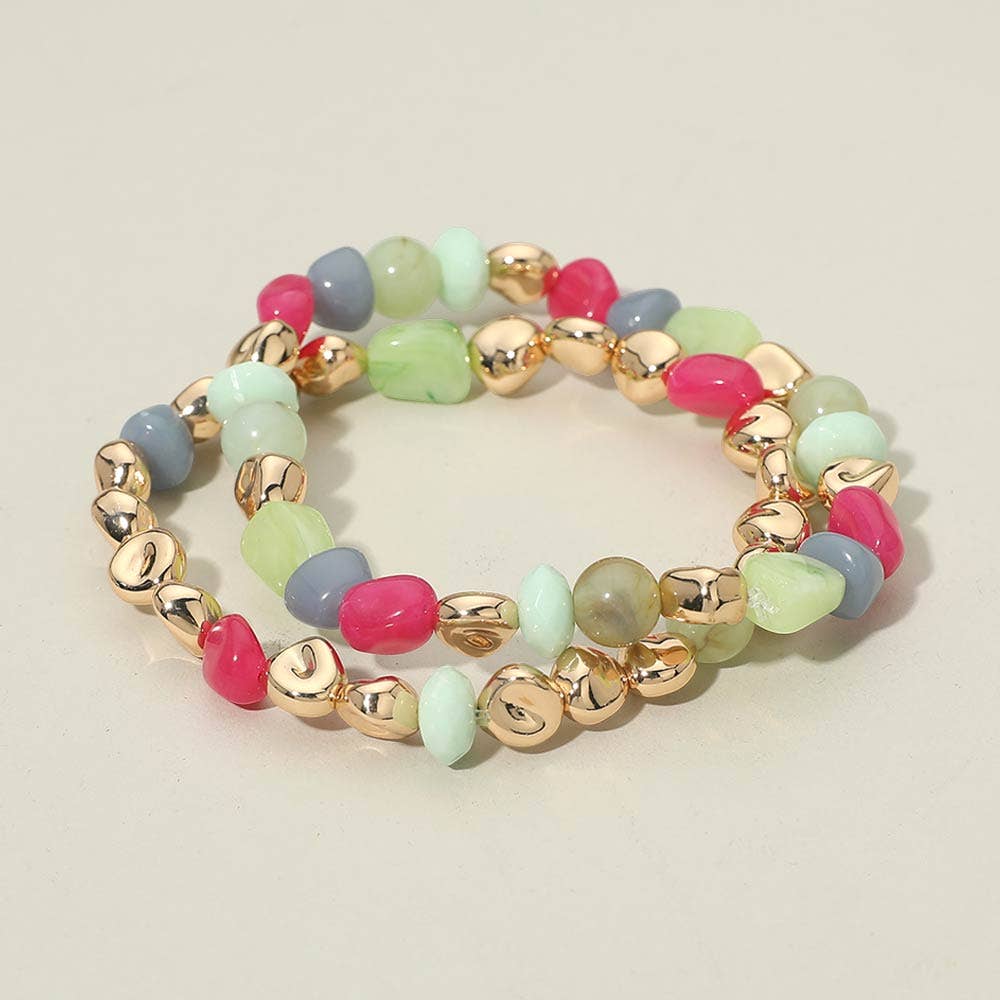 2PCS - Multicolor Pebble Beaded Stretch Multi Layered Bracelets