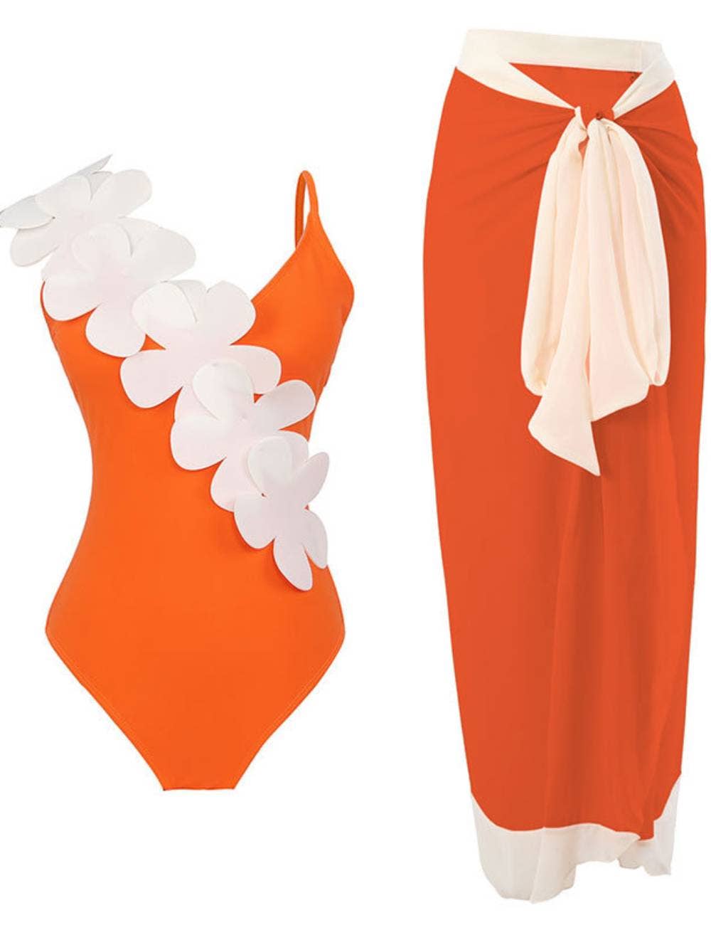 2PC Set Flower Shoulder One Piece Swimwear
