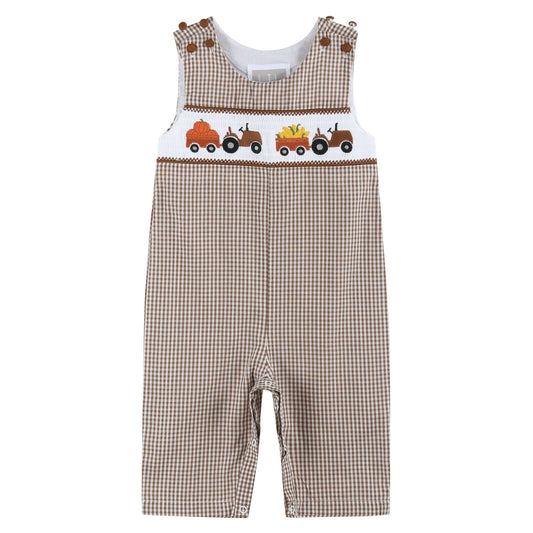 Brown Gingham Pumpkin and Corn Tractor Overalls