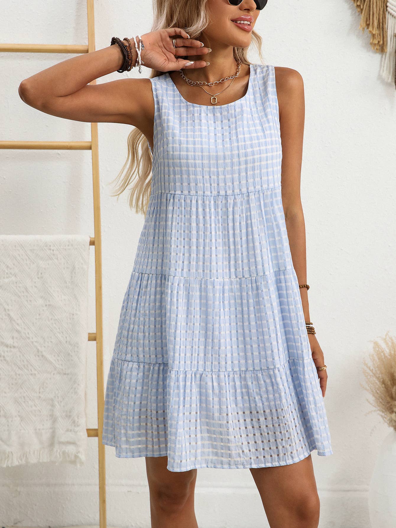 Checkered Tiered Sleeveless Mini Dress