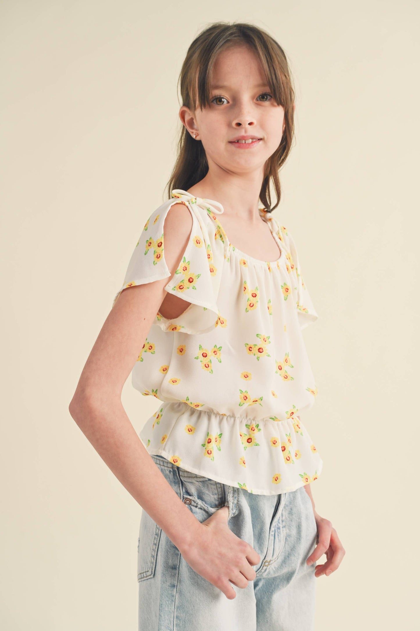SPLIT SLEEVE PEPLUM TOP FLORAL KT2102IV (7-14)