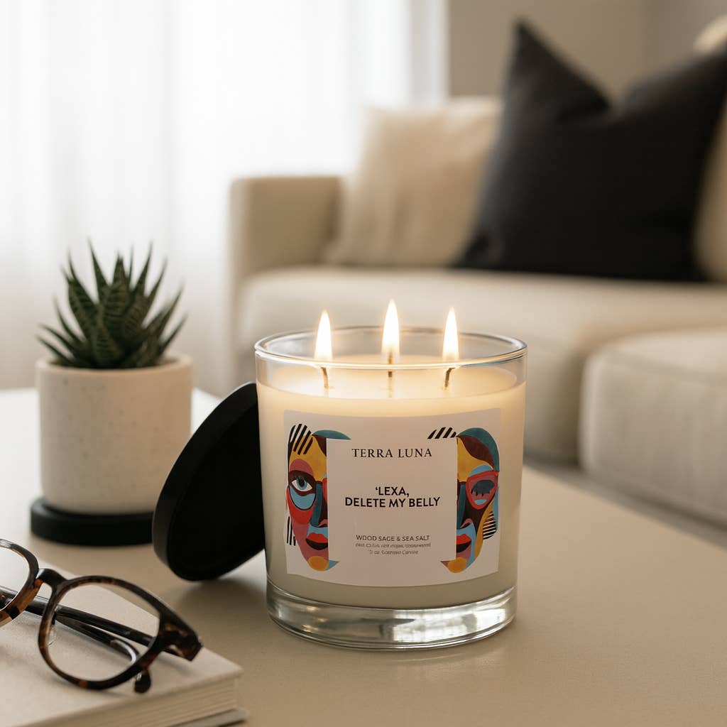 Decorative Candle - White Glass "Delete My Belly", 12 Oz