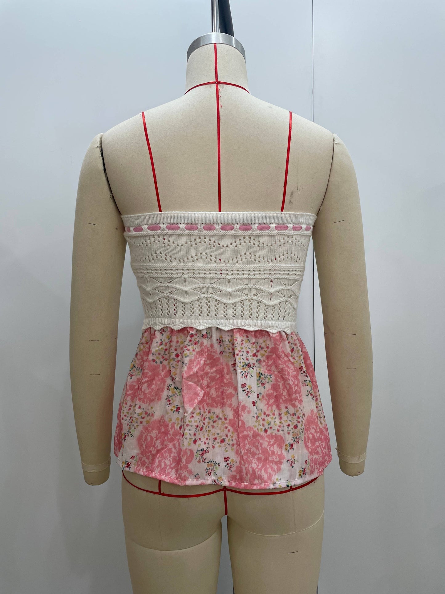 Pink Knit Strapless Tie-Front Crop Top