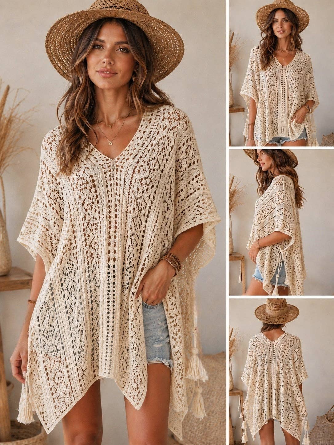 JC063308 Sided-Tassel Detailed Crochet Tunic