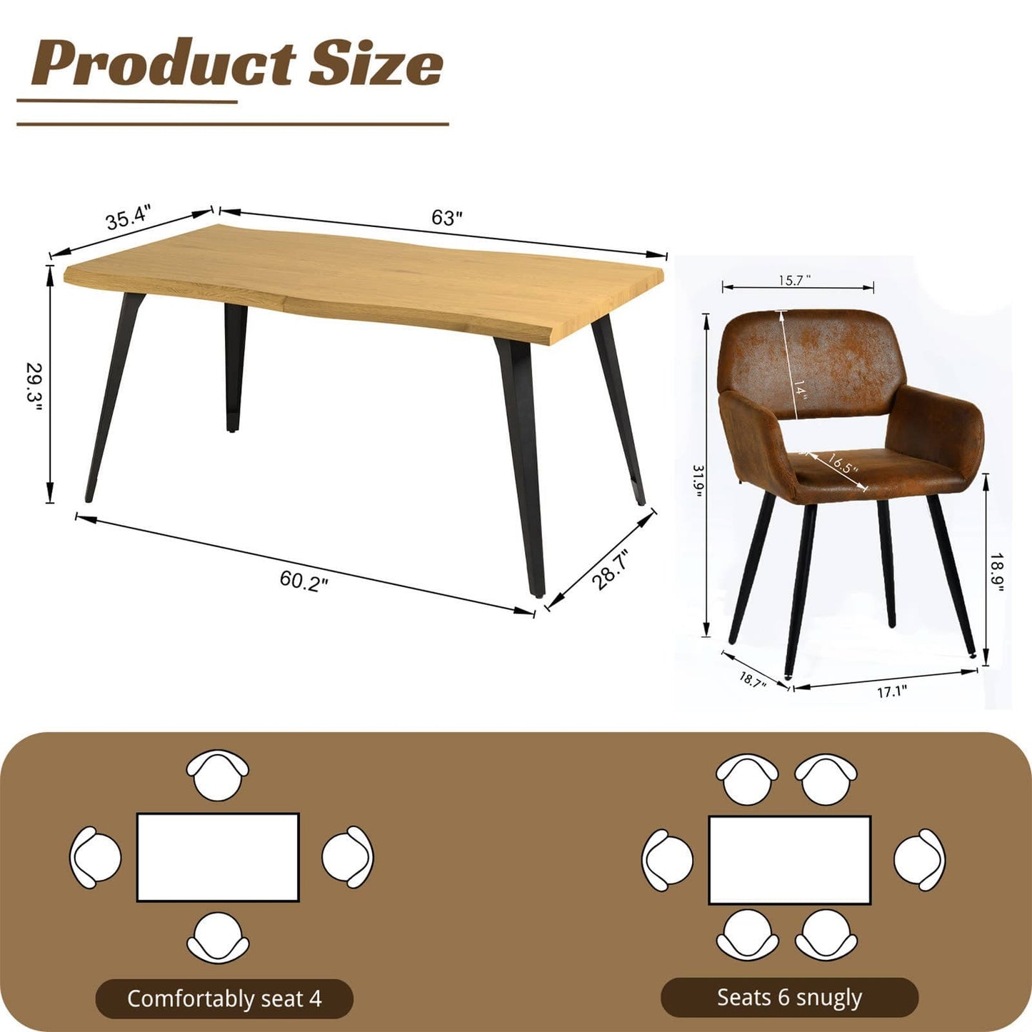 5-Piece Dining Set-63" Wave-Edge Table and Chair Options