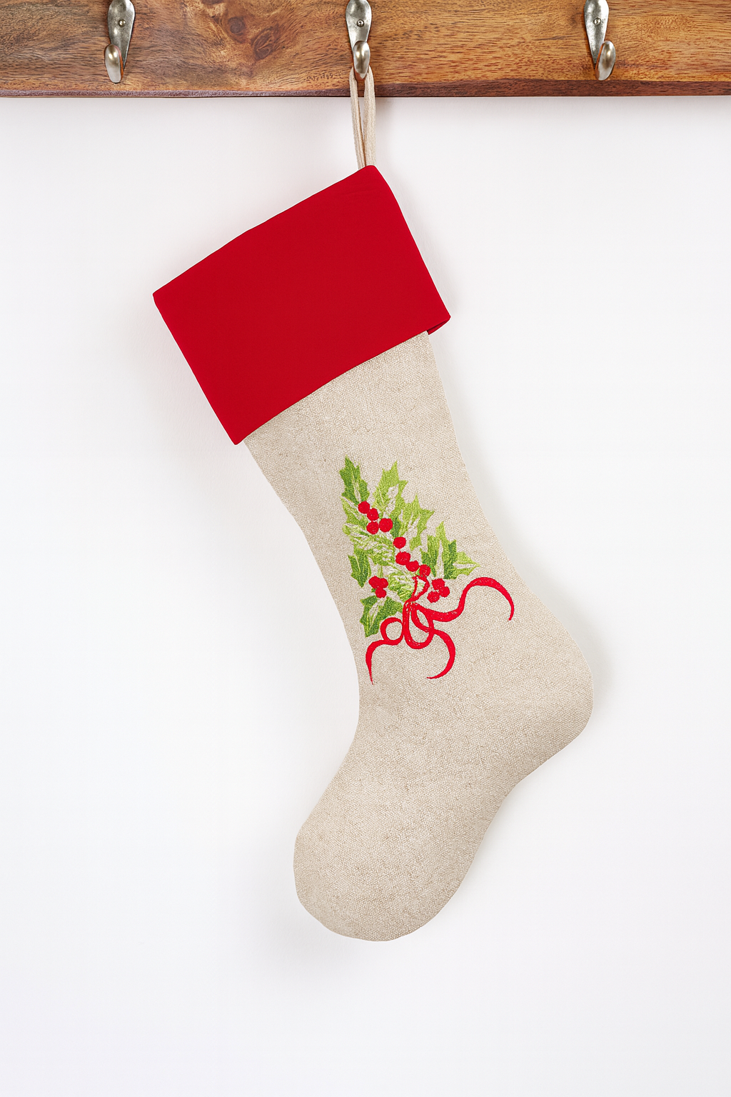 Red & Natural Embroidered Holly Christmas Stocking