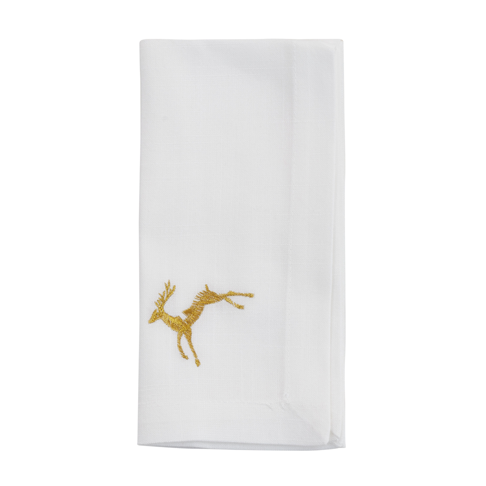 Embroidered Gold Reindeer White 20" Cloth Napkin