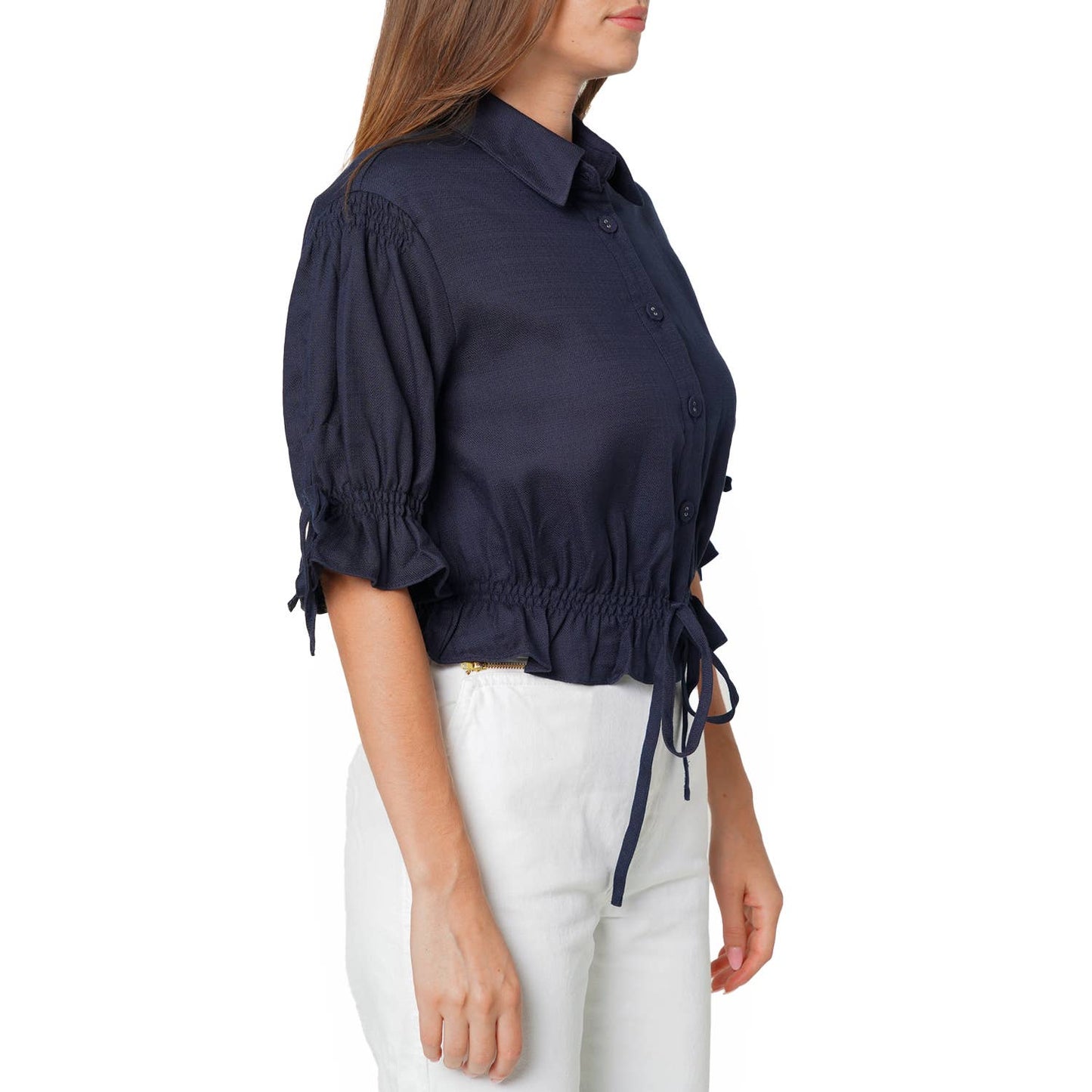 Nurode's Button Front Tie Hem Blouse in Navy