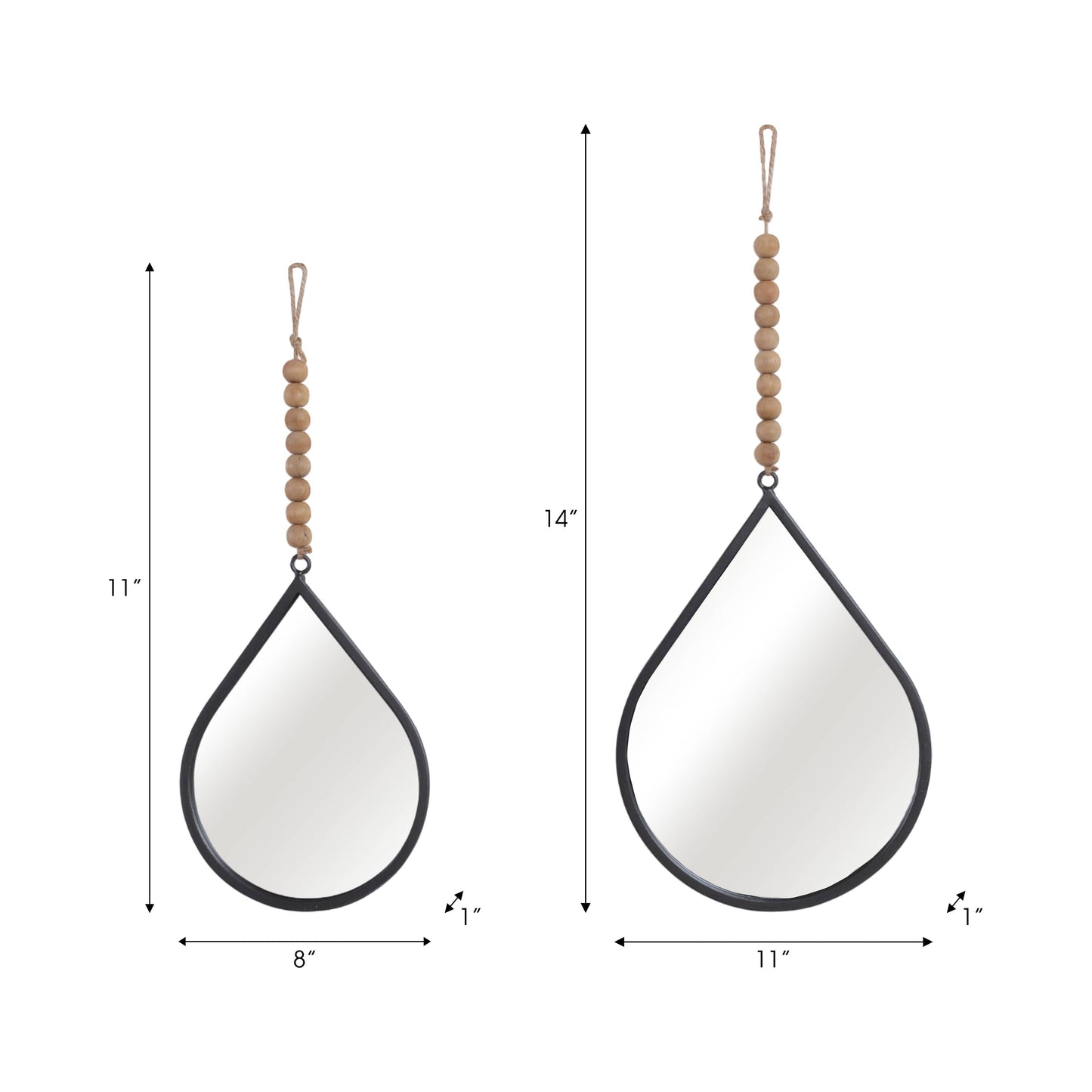 Wall Mirror Set of 2 - Silver Metal Wood Teardrop, 11/14 in.