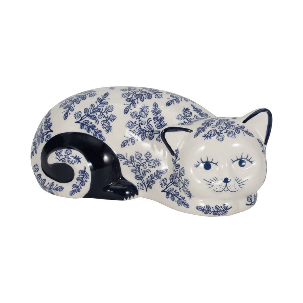 Ceramic Chinoiserie Sleeping Cat Figurine - White, 4 in.