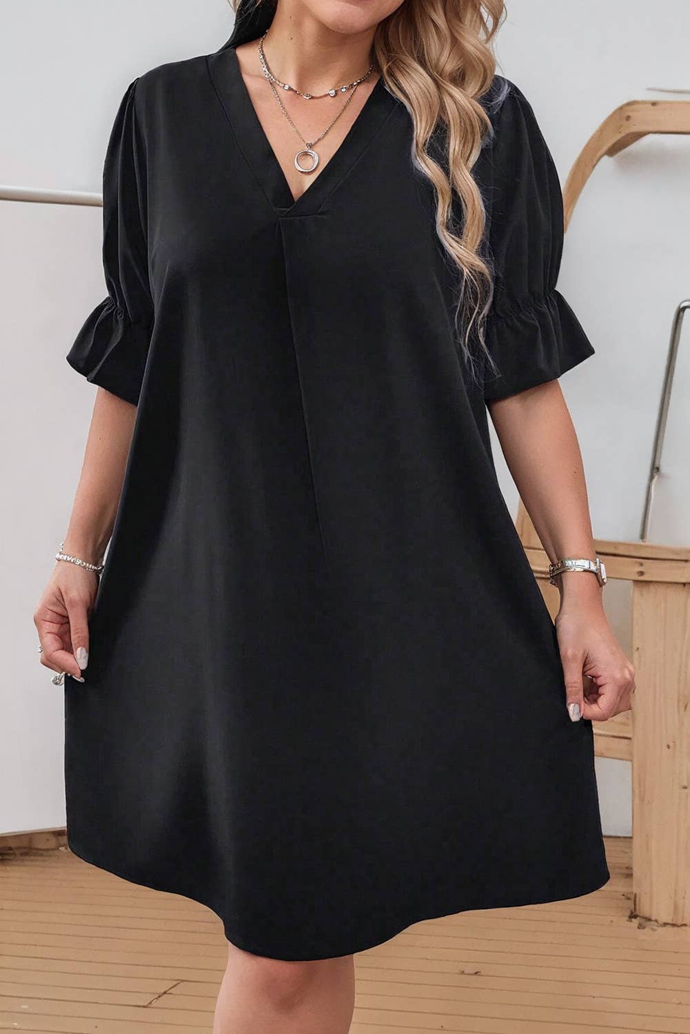 Ruffled Short Sleeve V Neck Plus Size Mini Dress