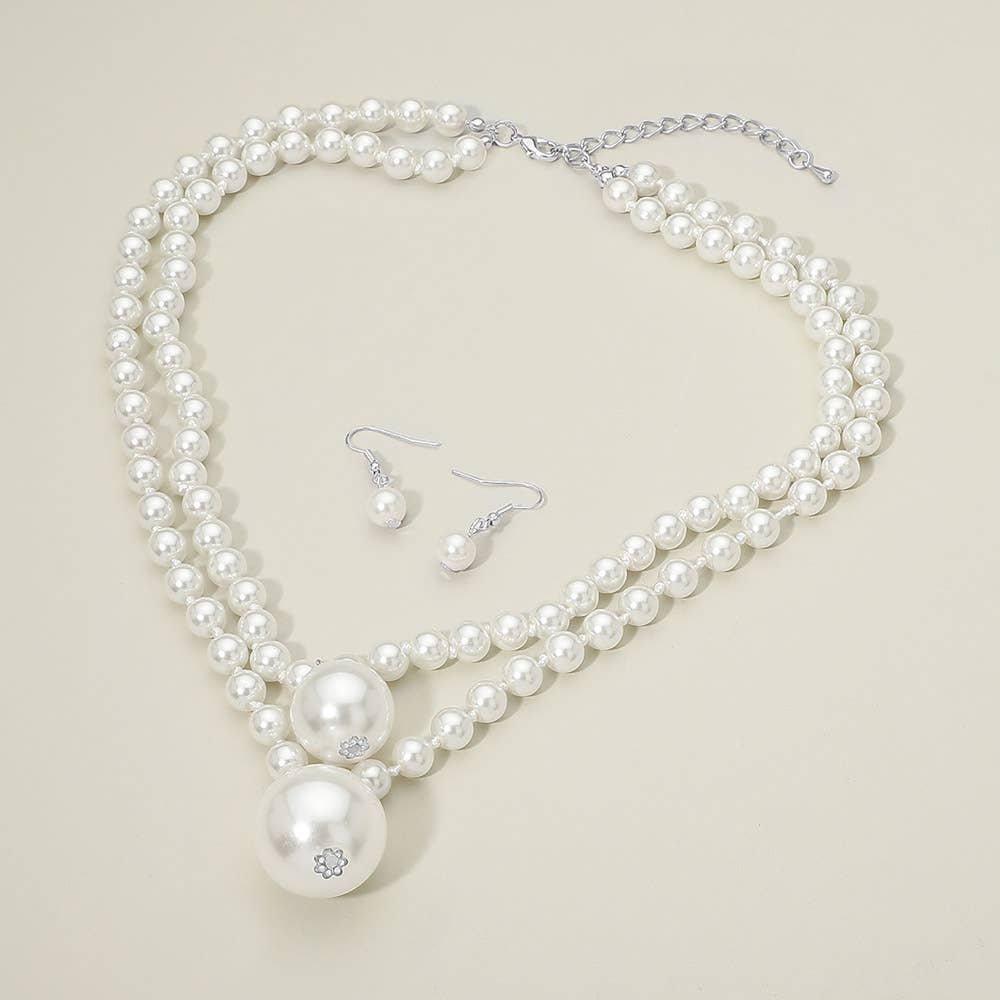 Pearl Ball Drop Beaded Double Layered Statement Necklace