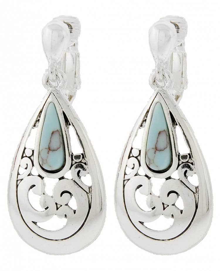 FR4229 Turquoise Stone Filigree Teardrop Clip On Earrings
