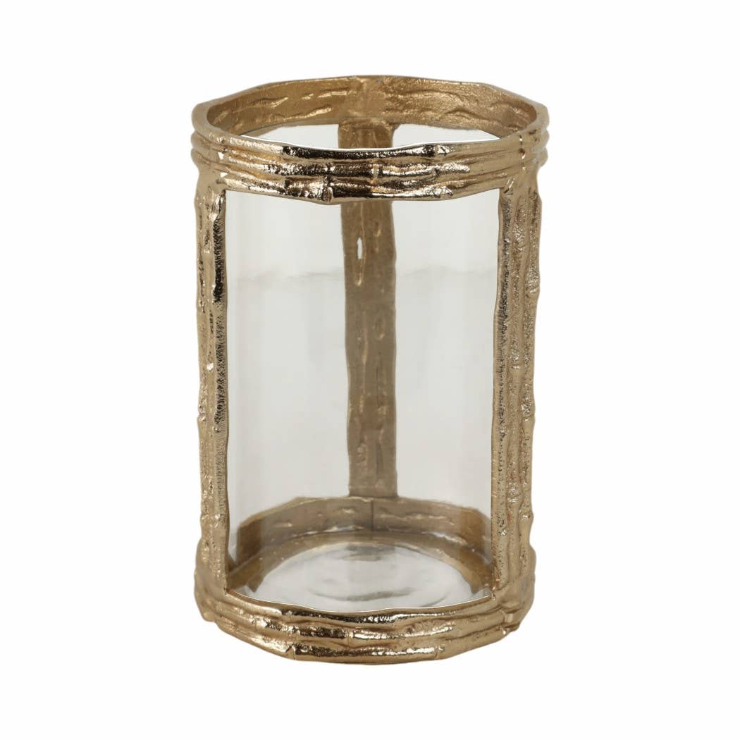 Gold 8 in. Metal Hurricane with Glass Candle Holder