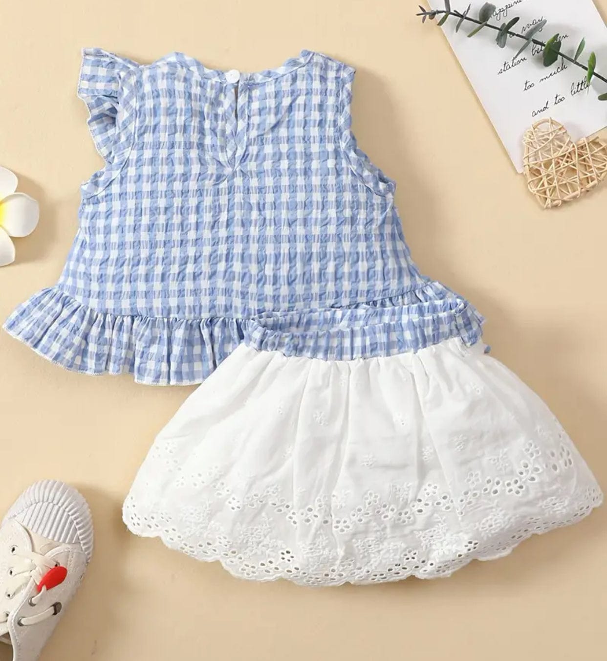 Ruffled Plaid Print Top and Lace Hem Skirt