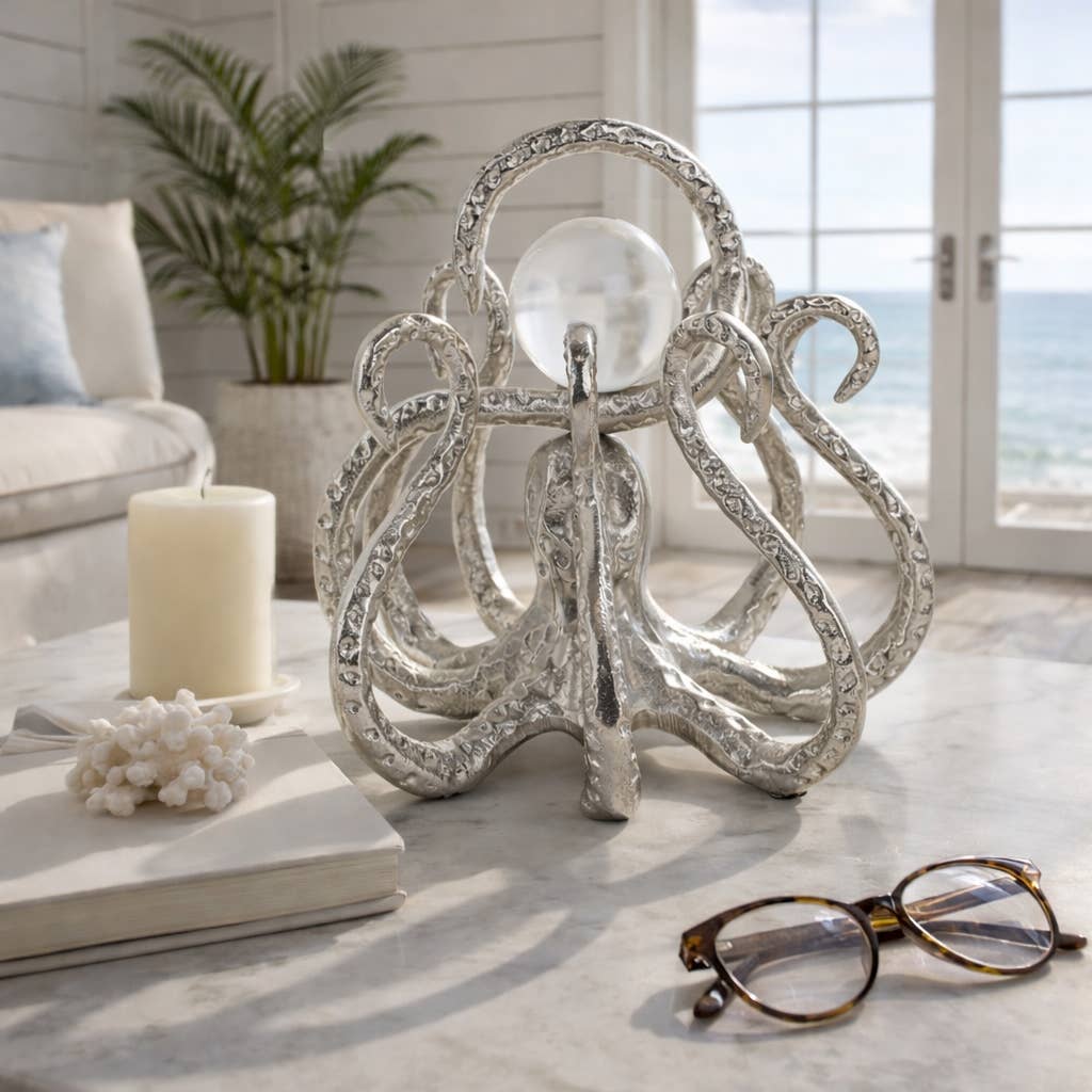 Figurine - Silver Metal Octopus with Acrylic Ball, 8 in.