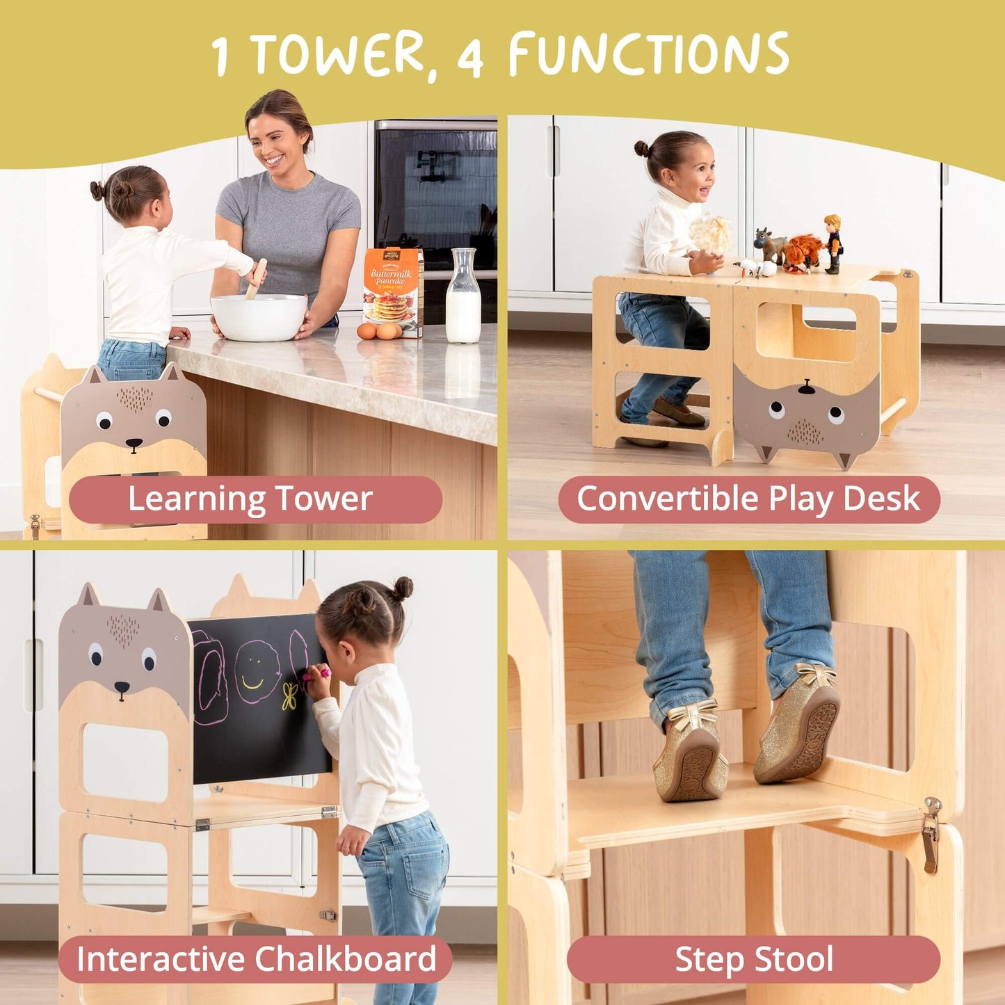 Convertible Montessori Toddler Tower 4-in-1 Step Stool, Desk