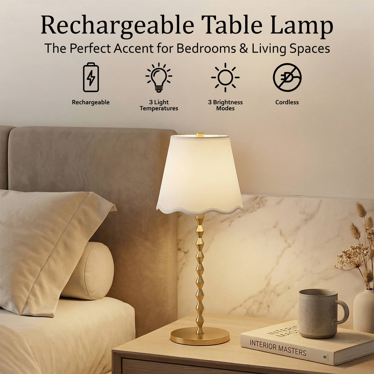 Diamond Stem Scallop Shade Rechargeable LED Dimmable Lamp