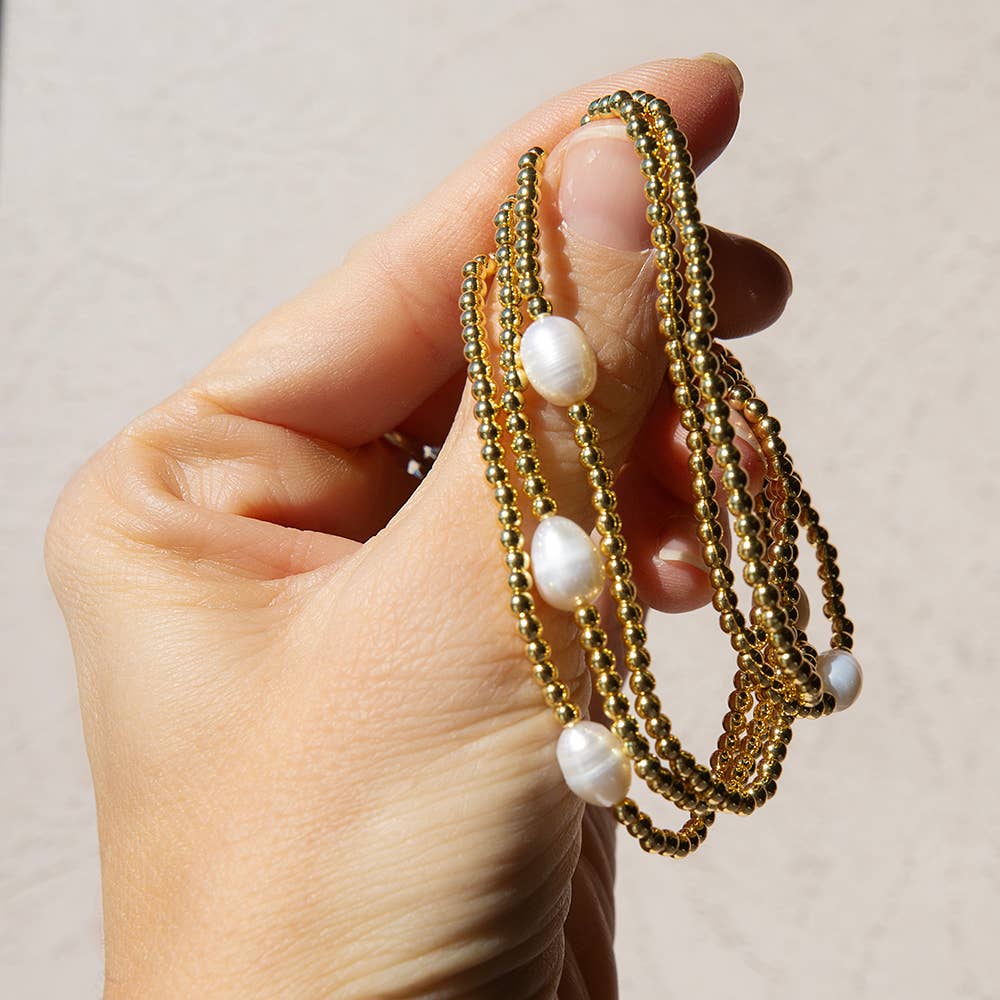 Uno Pearl & Gold Beaded Tarnish Resistant Stretch Bracelet