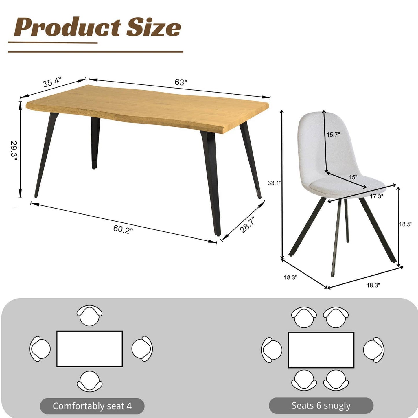 5-Piece Dining Set-63" Wave-Edge Table and Chair Options