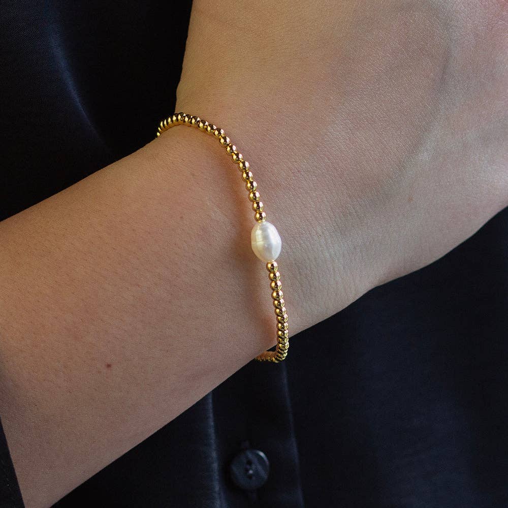 Uno Pearl & Gold Beaded Tarnish Resistant Stretch Bracelet
