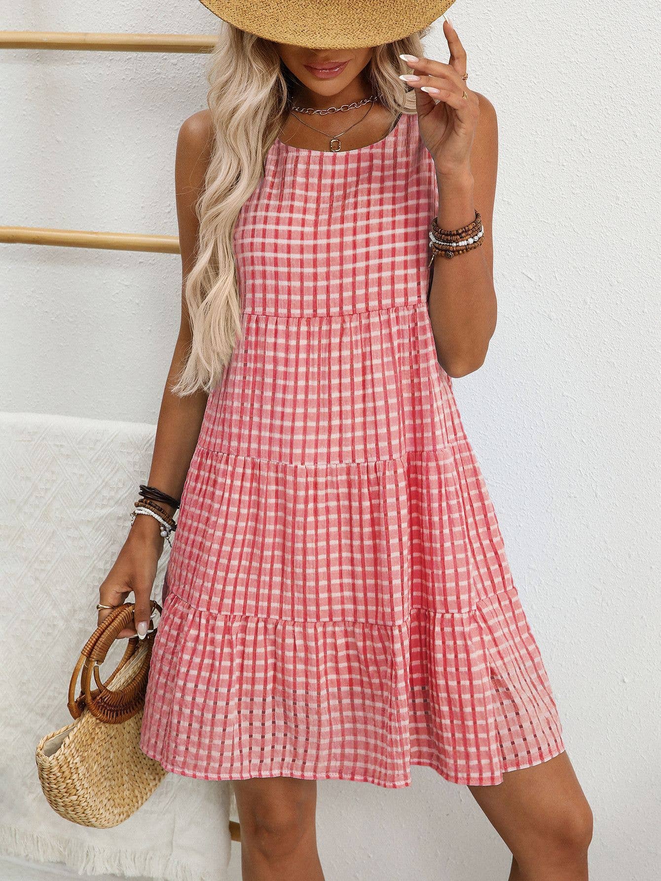 Checkered Tiered Sleeveless Mini Dress