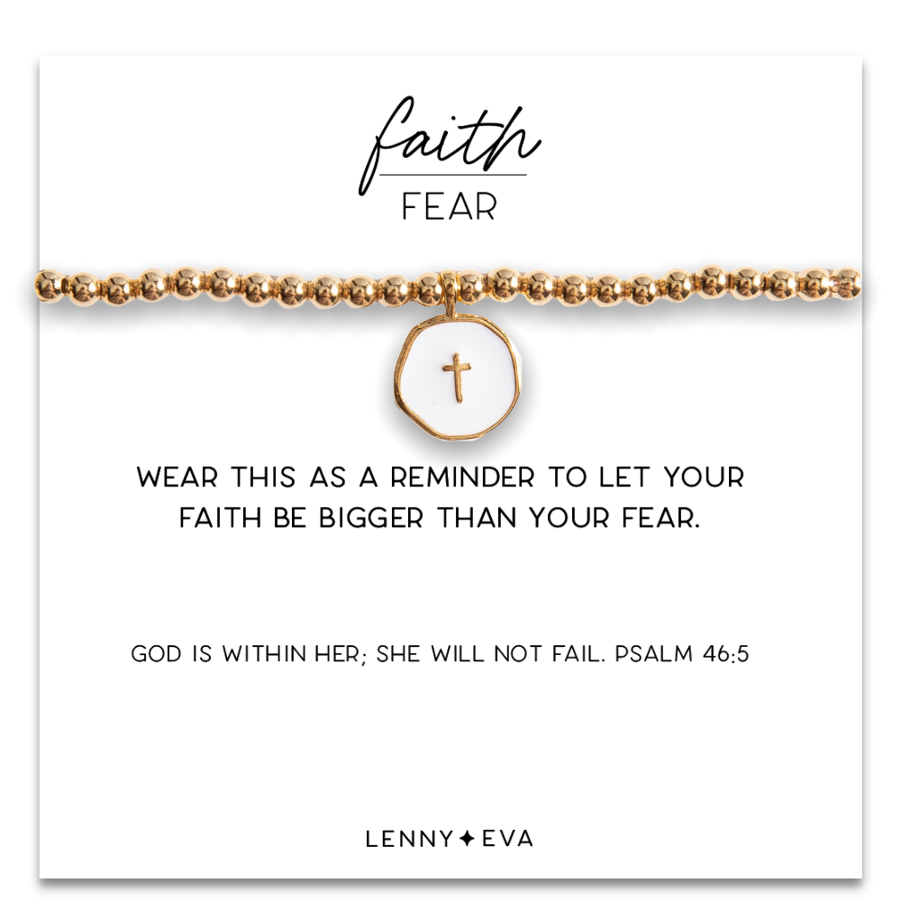 Faith Over Fear Gold Beaded Bracelet w/ White Enamel Cross