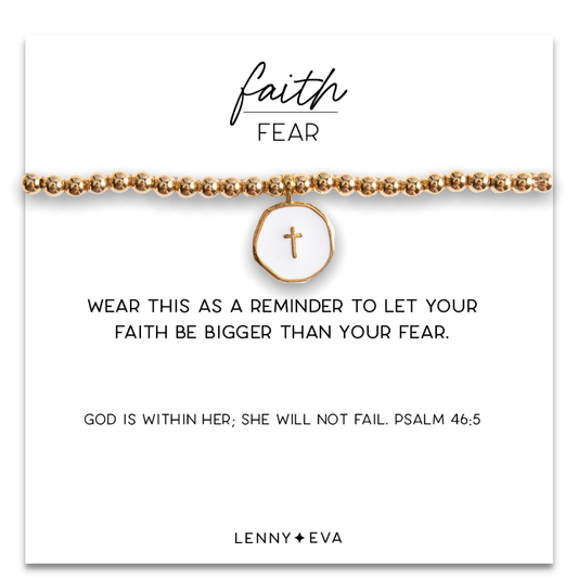 Faith Over Fear Gold Beaded Bracelet w/ White Enamel Cross