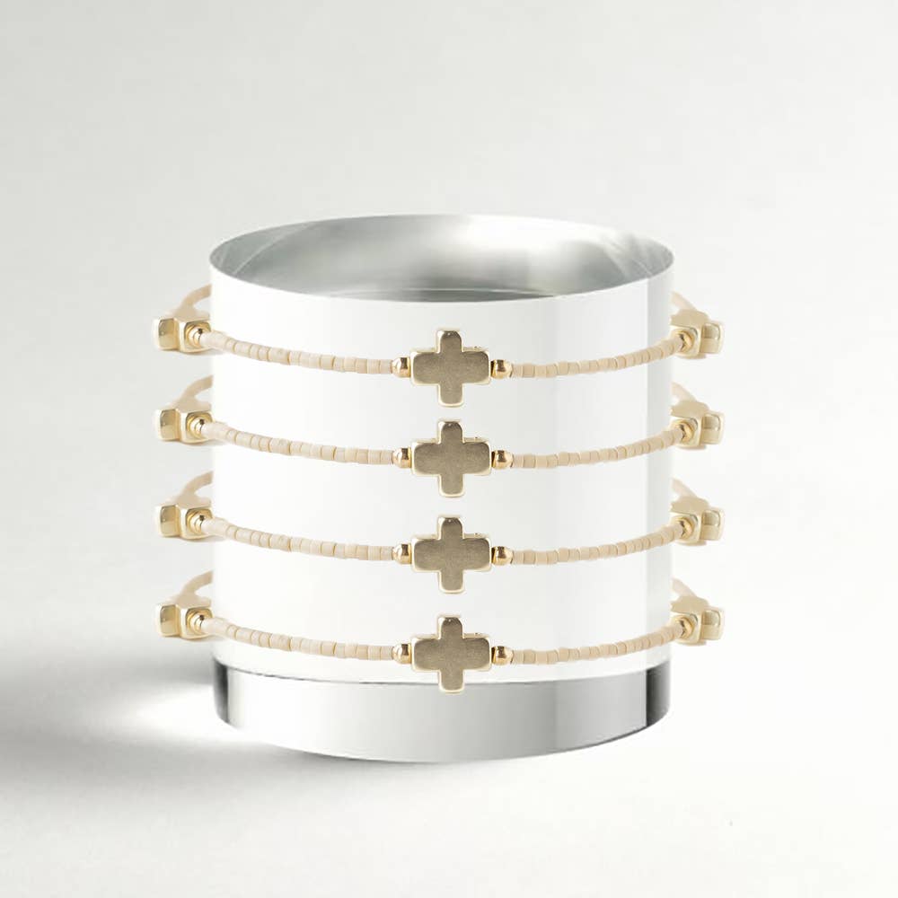 Faithful Beaded Cross Bangle w/ Matte Gold Crosses-Latte