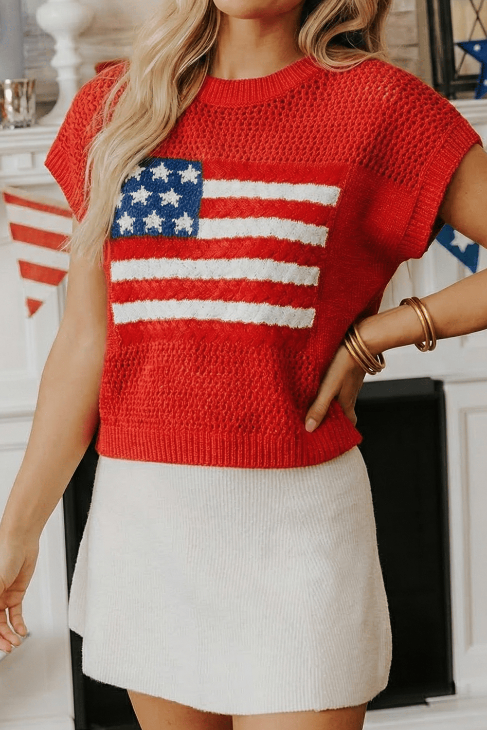 Spring Flag Graphic Short Sleeve Sweater Top (S-XL)