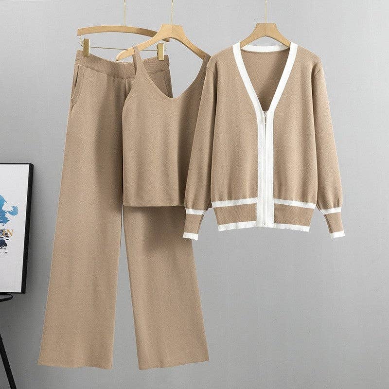 Knit Cardigan Camisole Wide Leg Pants Three-Piece Set