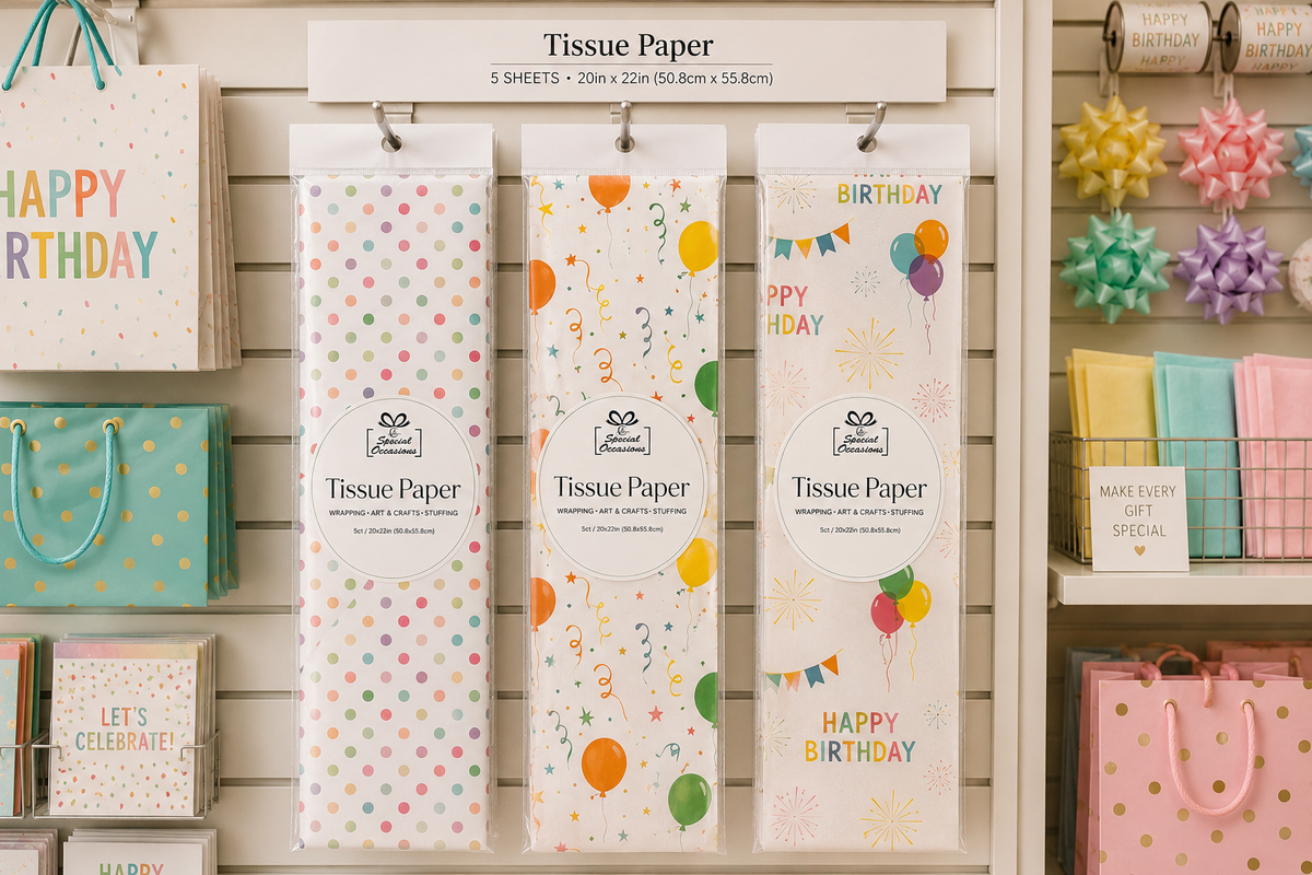 Birthday Tissue Paper, 5 Sheets, 20x20in - 3 Designs
