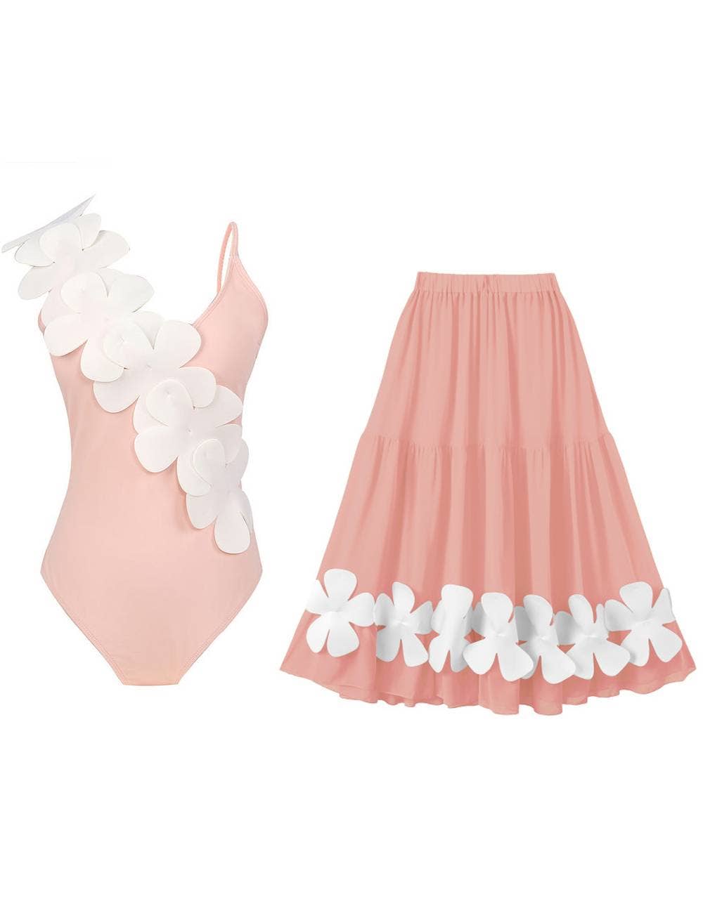 2PC Set Flower Shoulder One Piece Swimwear