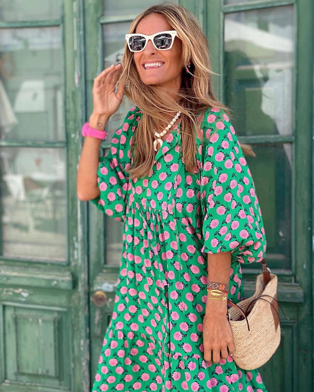 Geometric Abstract Collage Puff Sleeve Dress