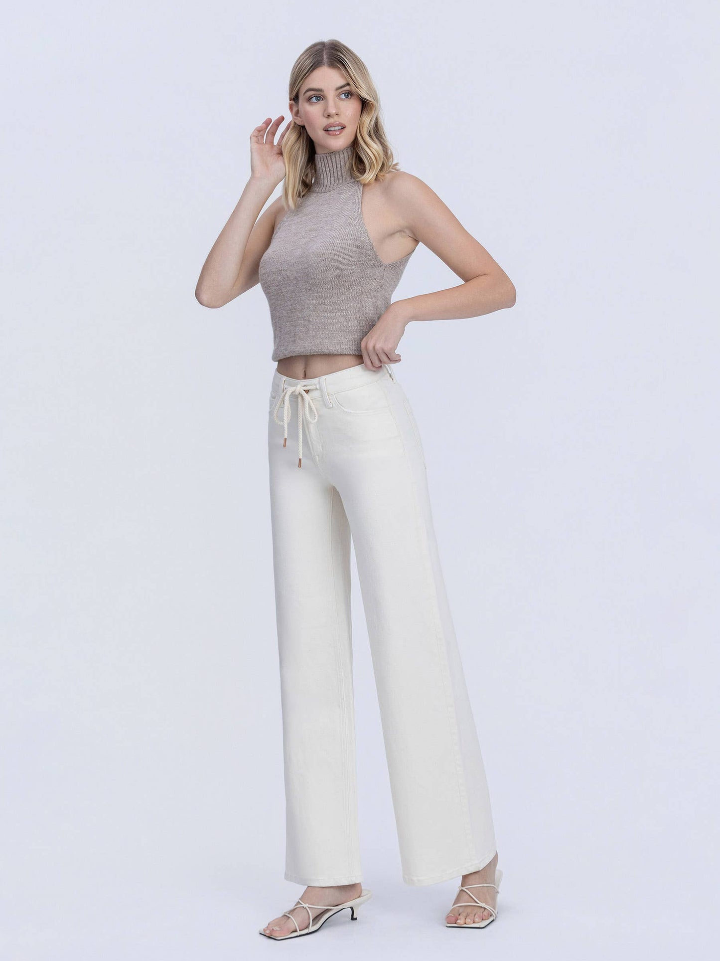 HIGH RISE NATURAL COLOR DRAWSTRING WIDE LEG JEANS T7259NTR