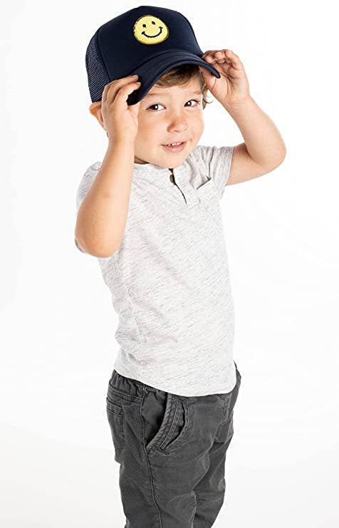 Kids Foam Trucker Hat - Smiley Chenille Patch (navy/yellow)