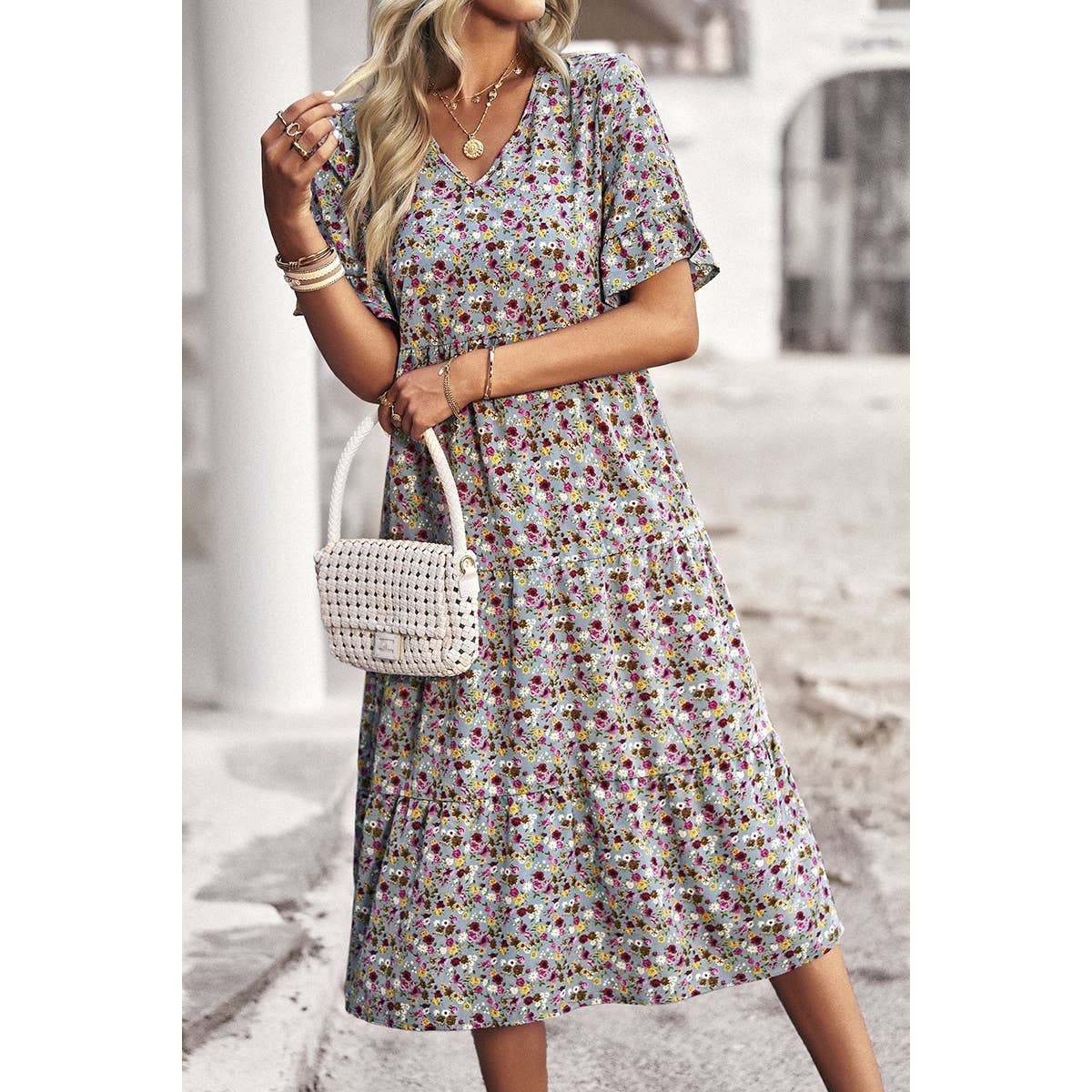Floral Print Fit Ruffle Sleeve Midi Dress