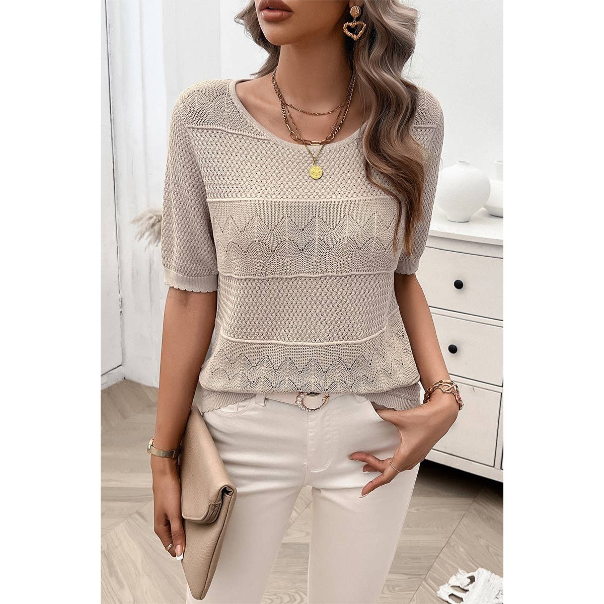 Crew Neck Hollow Lightweight Weaved Sweater Shirt