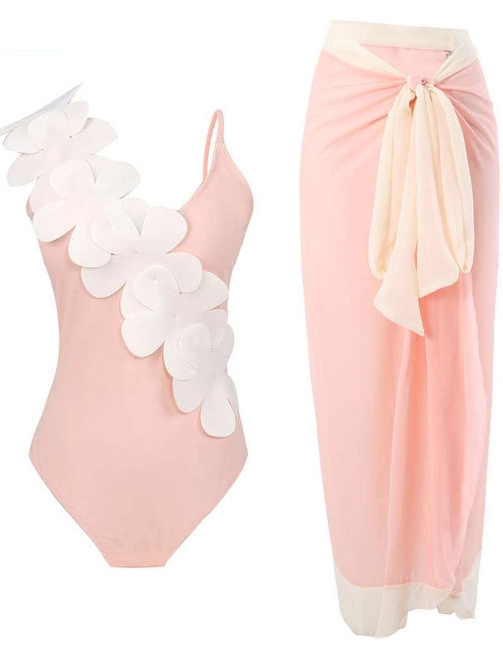 2PC Set Flower Shoulder One Piece Swimwear