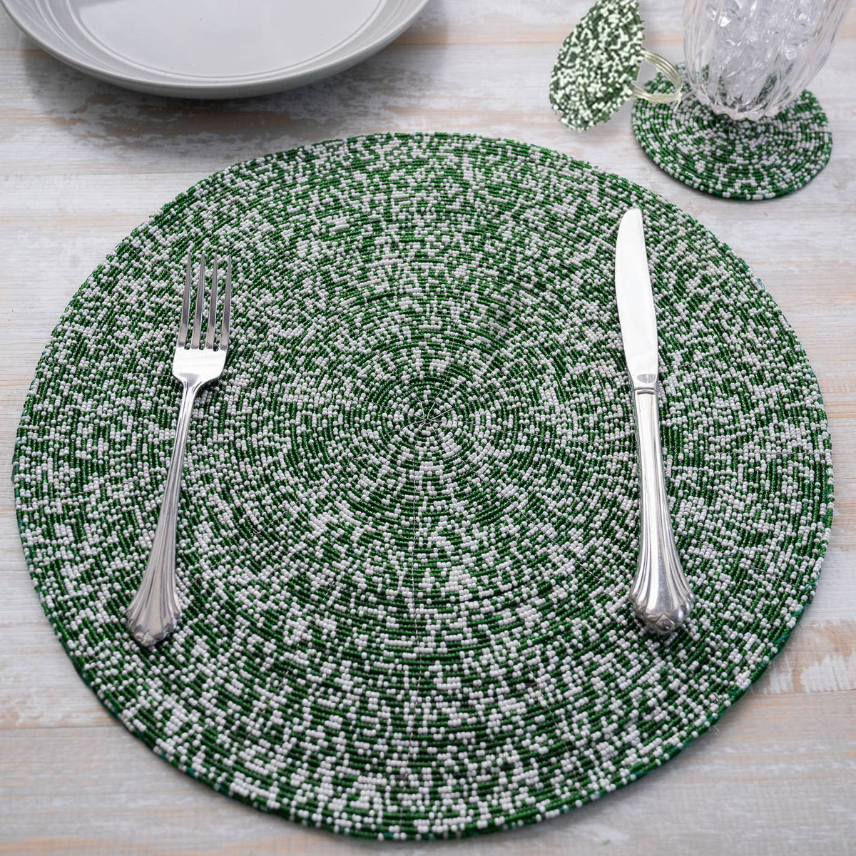 Green & White Beaded Place Mat